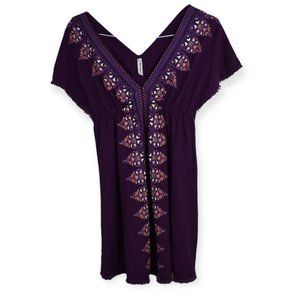 Free People Tunic S Womens Mini Dress Embroidered V Neck Purple 100% Cotton
